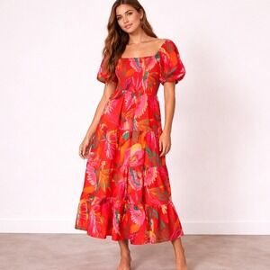 Colorful Bird Print Dress Red Midi Dress Smocked Puff Sleeve Jungle Print Small
